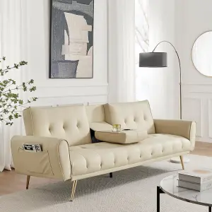 Lora 3 Seater Faux Leather Click Clack Sofa Bed with 2 Cup Holders - Beige