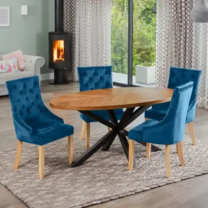 Dosenna Oval Dining Table Set with 4 Ravenna Velvet Chairs - Blue