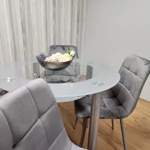 Round Glass Grey Kitchen Dining Table With Storage Shelf And 4 Grey Tufted Velvet Chairs Kitchen Dining Set