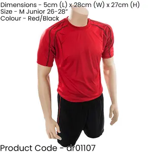 M JUNIOR Short Sleeve Training Shirt & Short Set - RED/BLACK PLAIN Football Kit