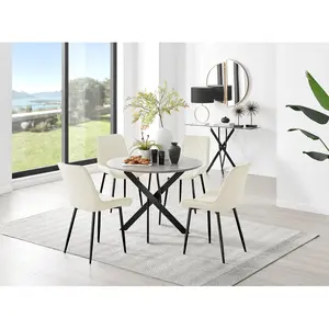 Tierra Modern Chrome Metal & Glass Round Dining Table Set with 4 Luxury Velvet Dining Chairs Black / Cream/Black / 75 x 100 x 100cm