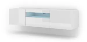 Aura Modern TV Cabinet 150cm in White Gloss with Blue LED Lighting - W1500mm x H36-420mm x D370mm