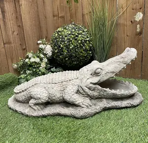 Large Stone Cast Crocodile Ornament with Mouth Open