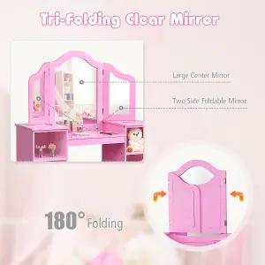 Costway 2 In 1 Kids Vanity Table Children Dressing Table Set w/ Mirror & Storage Shelves