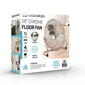 Daewoo COL1572 Chrome 18 inch Large Floor Fan Metal High Velocity Electric Free Standing 3 Speed Retro Industrial