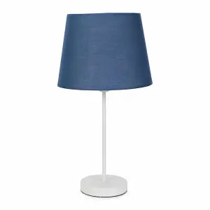 ValueLights Charles White Single Stem Table Lamp with Navy Blue Tapered Lamp Shade and LED Bulb