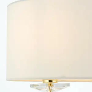 Twin Light Table Lamp 2 Bulb Brass & White Shade Crystal Trim Bedside Feature