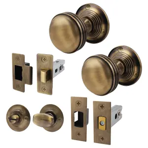 AFIT Lined Door Knob Set Antique Brass - 1 Pair of Mortice Knobs (55mm), Latch & Deadbolt Kit (76mm) & Turn & Release for Internal