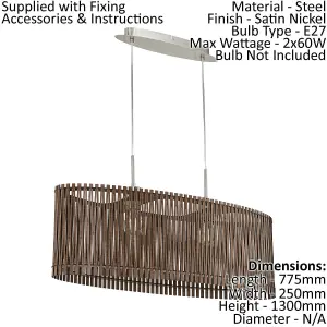 Pendant Ceiling Light Colour Satin Nickel Shade Brown Wood Bulb E27 2x60W