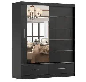 Florence Matt Black Carcass with Glossy Black Front Mirrored Sliding Door Wardrobe W1500mm - Two Drawers and Six Shelves