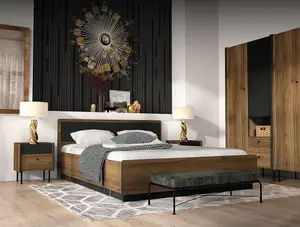 Prestigo EU King Bed Frame in Oak Walnut & Black Matt - Modern Industrial Style, W166cm H82cm D206cm