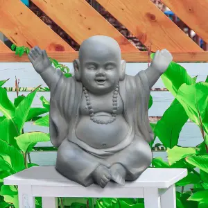 IDEALIST™ Buddha Statue 12.4 Inch Tall, Sage Reinforced Stone Laughing Baby Monk Figurine for Home and Garden L35.5 W25.5 H31.5 cm