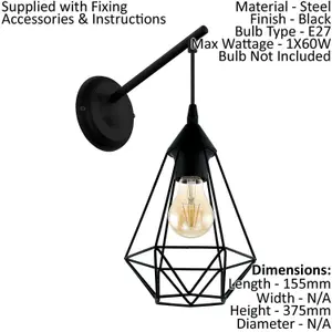 Ceiling Pendant Light & 2x Matching Wall Lights Black Geometric Cage Wire Lamp