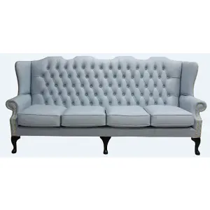 Chesterfield 4 Seater Flat Wing High Back Shelly Parlour Blue Leather Sofa In Queen Anne Style