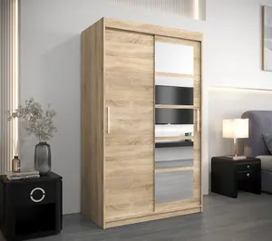 Stylish Oak Sonoma Roma I Sliding Door Wardrobe W1200mm H2000mm D620mm Mirrored Vertical Handles Elegant Storage Solution