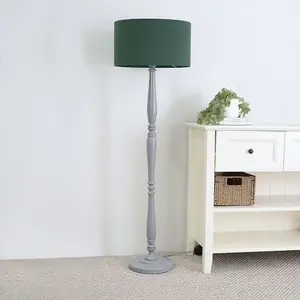 ValueLights Victoria Traditional Grey Wood Candlestick Floor Lamp with Forest Green Drum Shade