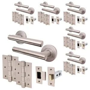 Satin Nickel Door Handle Latch Set, Pack of 6 - Round T-Bar Handles & Latch 64mm