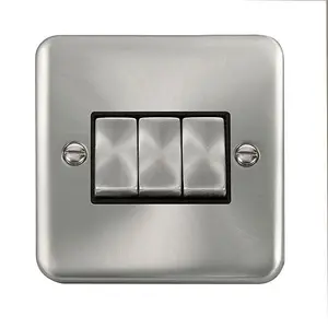 Curved Satin / Brushed Chrome 10A 3 Gang 2 Way Ingot Light Switch - Black Trim - SE Home