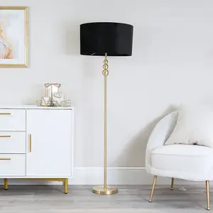 ValueLights Marissa Gold Stacked Ball Floor Lamp with Black Velvet Shade - LED Bulb Included