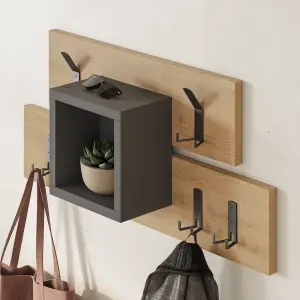 Decortie Lumina Modern Wall-Mounted Coat Rack, Wall Hanger with 6 Metal Hooks, Open Shelf Storage, 68x14.80cm, Oak, Anthracite