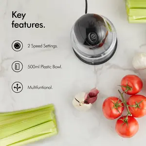 VonShef Mini Chopper 500ml Electric Food Chopper Black Small Food Processor 2 Speeds, Plastic Bowl & Stainless Steel Blades