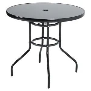 Black Round Tempered Glass Top Garden Bistro Dinging Table with Metal Frame and Umbrella Hole Outdoor 80 cm