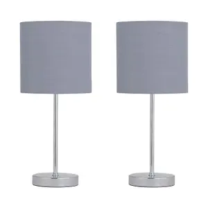 First Choice Lighting Set of 2 Chrome Stick Table Lamps with Grey Cotton Shades