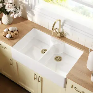 895mm - 2 Bowl Stepped Weir Butler Kitchen Sink -  Tap Ledge, No Overflow, Tap Hole