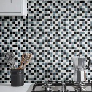 Tarente Black, grey & white Gloss Glass effect Glass Mosaic tile, (L)300mm (W)300mm