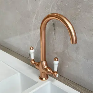 Liquida W22CP Traditional Swivel Spout Twin Lever Copper Kitchen Mixer Tap