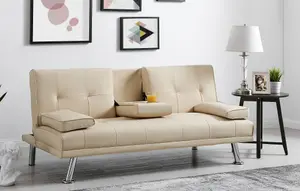 Manhattan 2 Seater Faux Leather Click Clack Sofa Bed - Cream