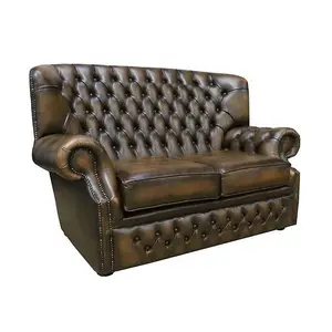 Chesterfield Handmade 2 Seater Sofa Antique Gold Leather In Monks Style