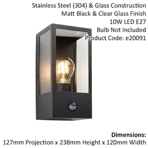 Matt Black Outdoor Wall Light & PIR Sensor - Rectangular Lantern - Clear Glass