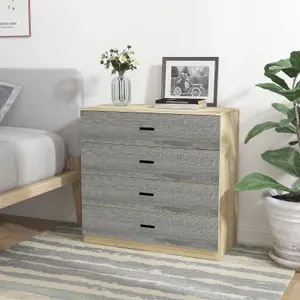 URBNLIVING Height 73cm 4 Drawer Wooden Bedroom Chest Cabinet Modern Oak Carcass and Ash Grey Drawers Wide Storage Cupboard Closet