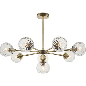 Multi Arm Hanging Ceiling Pendant Light - Antique Brass Plate & Clear Spiral Glass - 8 X 7W LED E14