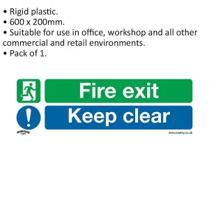 Fire Exit Keep Clear Sign - Rigid Plastic Safety Sign 600 x 200mm