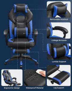 SONGMICS Gaming Chair, Office Racing Chair with Footrest, Desk Chair, Ergonomic Design, Lumbar Support,Black and Blue