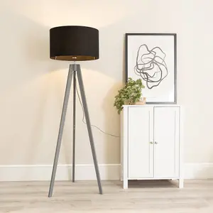 ValueLights Jackson Grey Wood Tripod Floor Lamp with Black Fabric Lamp Shade