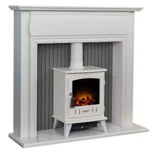 Adam Florence Stove Fireplace in Pure White with Aviemore Electric Stove in White Enamel, 48 Inch