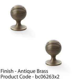 2 PACK - Reeded Ball Door Knob - 38mm Diameter Antique Brass Lined Cupboard Pull Handle