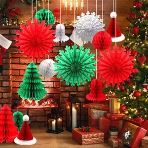 Retro Christmas Decorations Set, 16Pcs Christmas Snowflakes Fan Paper Decorations Paper Hats Christmas Trees Honeycomb Balls Paper Bell For