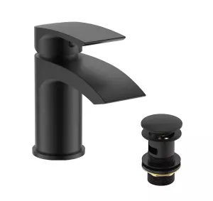 Round Black Bathroom Basin Tap With Free Pop Up Waste