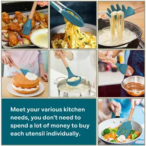 Kitchen Utensils Set,  25 Pieces Soft Silicone Cooking Utensil Set With Holder, Natural Wooden Handle Kitchen Spatula Spoon For Cooking Baking, Non Stick & Heat Resistant, Black Blue