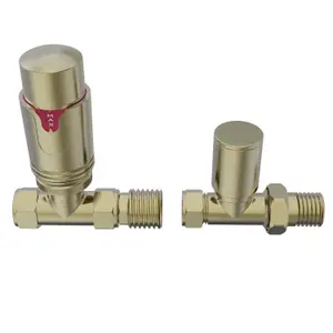 Rinse Bathrooms Thermostatic Radiator Valve 15mm Straight Radiator TRV + Lockshield for Heated Towel Rail Radiator Brushed Brass