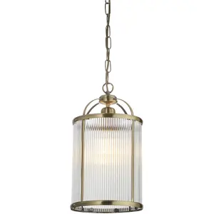 Hanging Ceiling Pendant Light - Antique Brass Plate & Clear Ribbed Glass - 10W LED E27