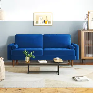 176CM Velvet Love Seat Blue Couch with 2 Pillows