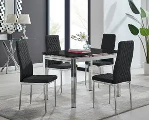 Enna Black Glass Extending Dining Table and 4 Black Milan Chairs