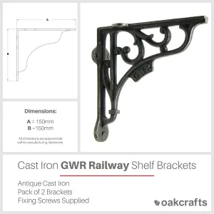 Oakcrafts - Pair of Antique Cast Iron 'GWR' Railway Shelf Brackets - 150mm x 150mm