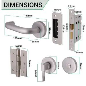 AFIT Satin Aluminium Return To Door Lever on Rose Handle Bathroom Lock Kit 76mm Hinges