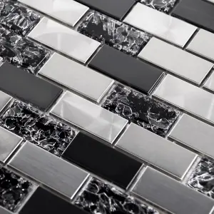 Luxury Textured Black Glass & Brushed Steel Mix Mosaic Wall Tiles Sheet 8mm